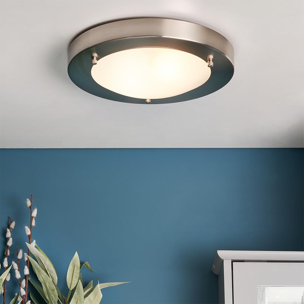 IP44 Flush Bathroom Ceiling Light in Satin Nickel