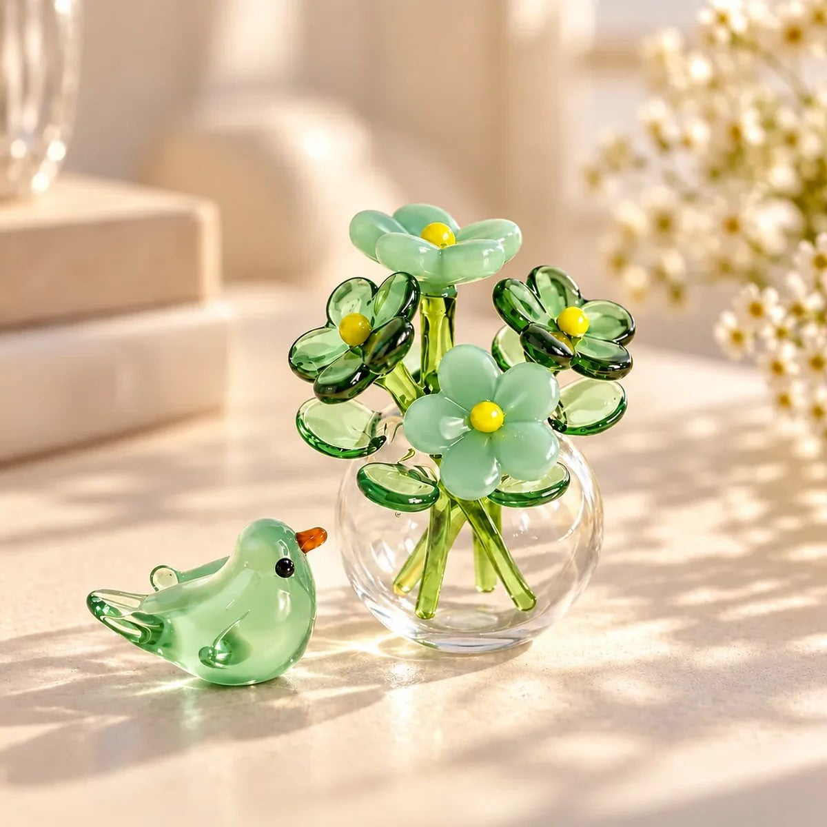 Mini Glass Flower Bouquet Decor With Vase And Bird