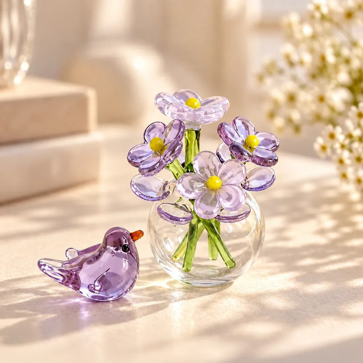 Mini Glass Flower Bouquet Decor With Vase And Bird