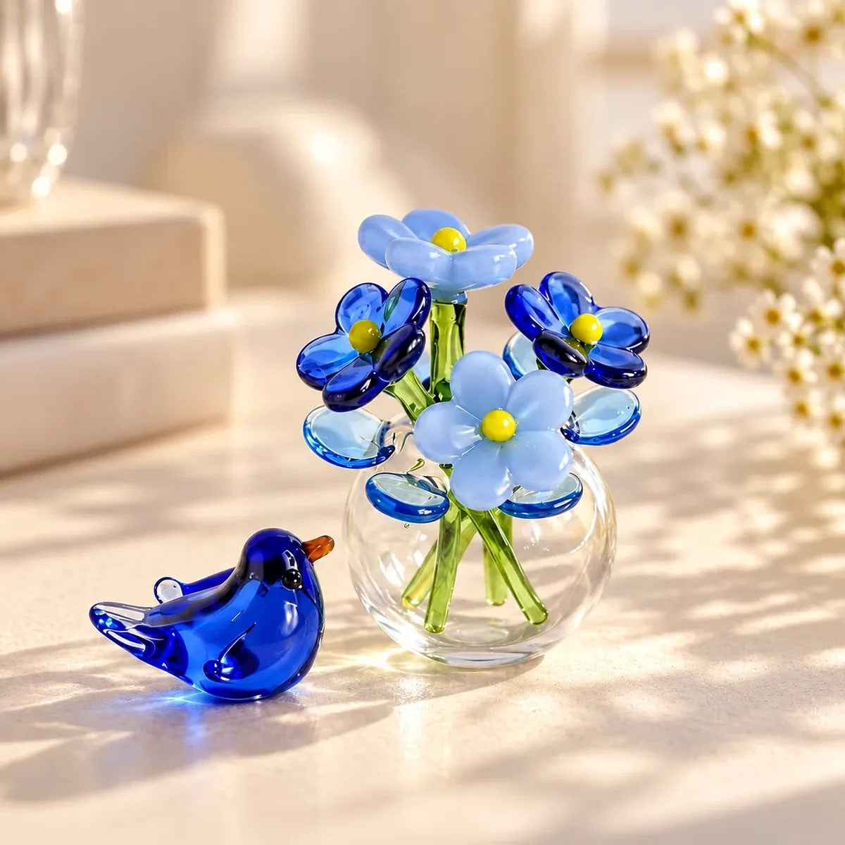 Mini Glass Flower Bouquet Decor With Vase And Bird