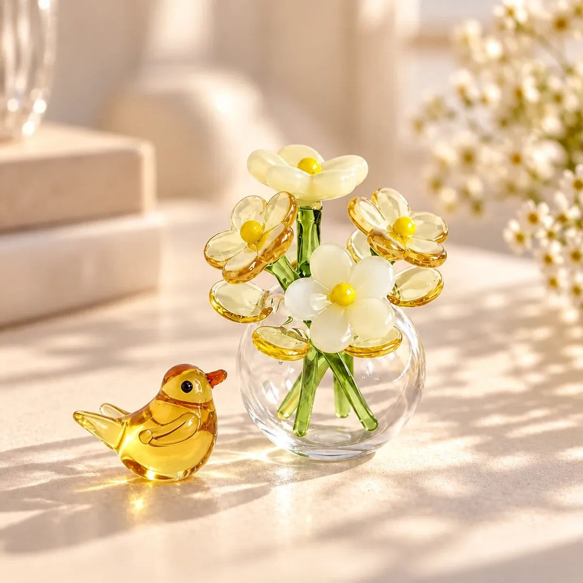 Mini Glass Flower Bouquet Decor With Vase And Bird