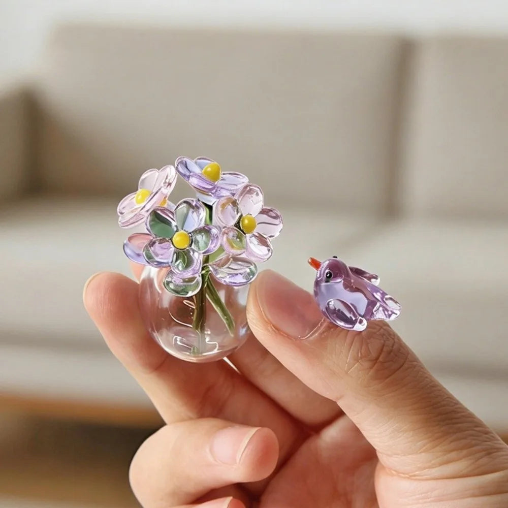 Purple Set-Bird Color Mini Glass Flower Bouquet Decor With Vase And Bird