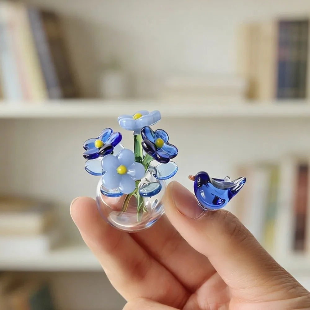 Mini Glass Flower Bouquet Decor With Vase And Bird