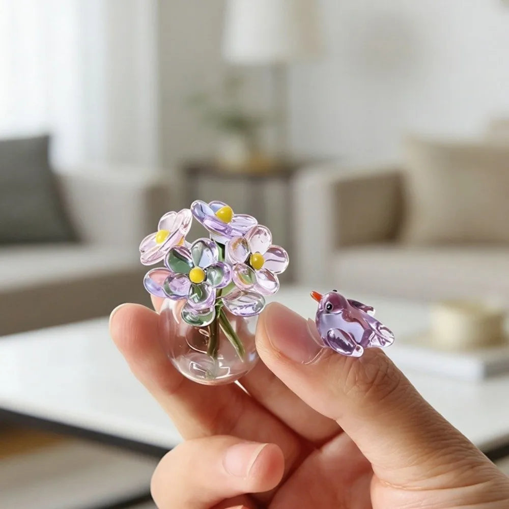 Mini Glass Flower Bouquet Decor With Vase And Bird