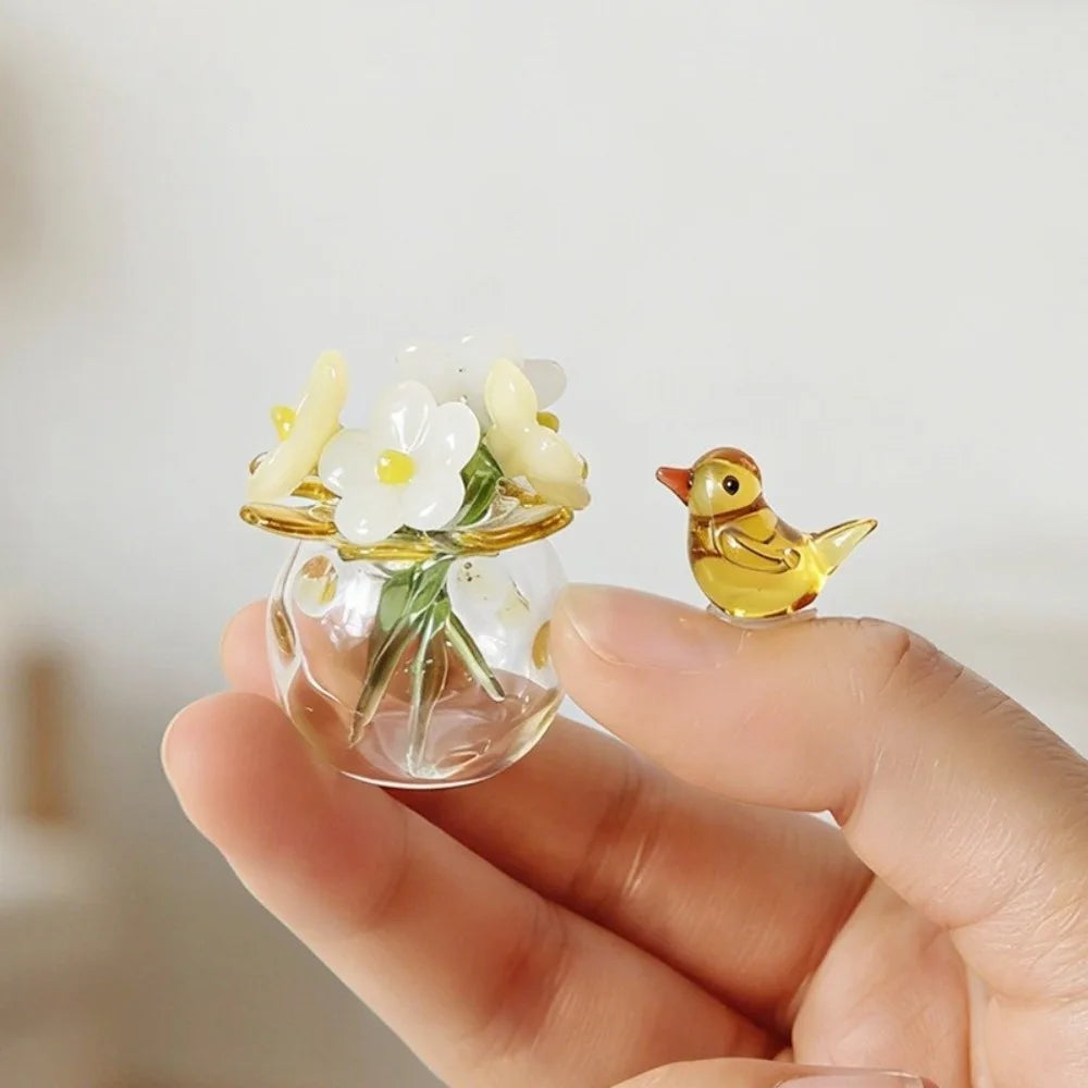 Yellow Set-Bird Color Mini Glass Flower Bouquet Decor With Vase And Bird