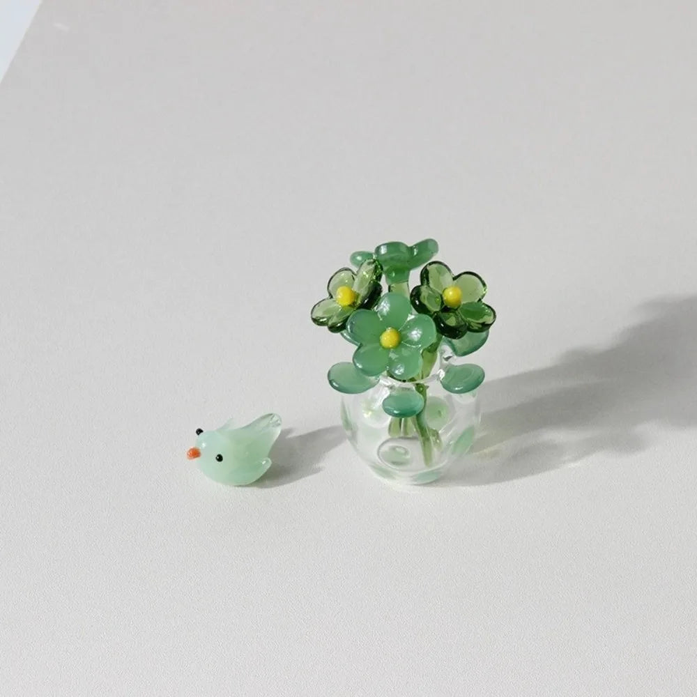 Green Set-Bird Color Mini Glass Flower Bouquet Decor With Vase And Bird