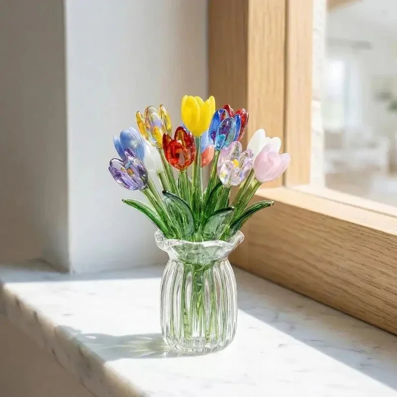Mini Glass Flower Sculpture With Vase Home Ornament