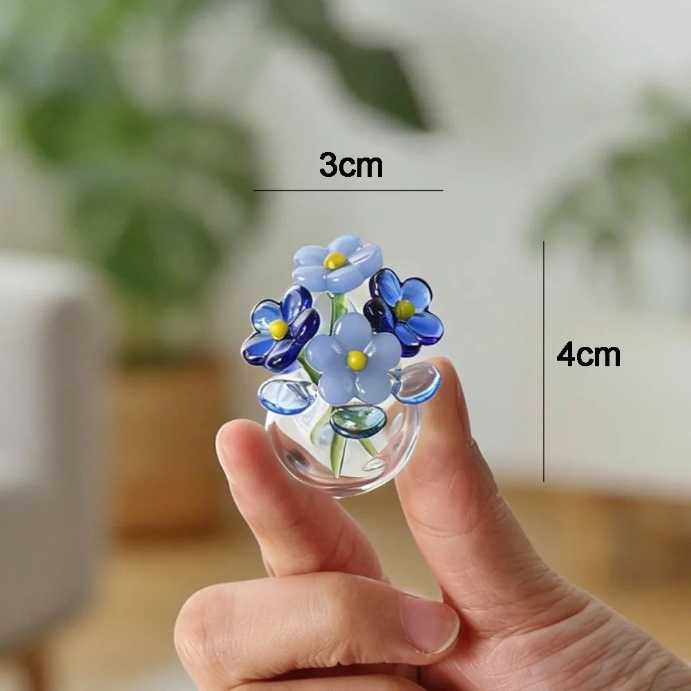 Blue Set Color Mini Glass Flower Bouquet Decor With Vase And Bird