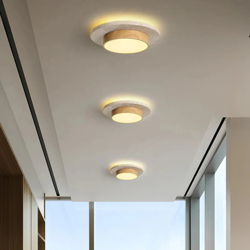 LumaStone Wabi Sabi Ceiling Light – Round Stone and Wood LED Flush Mount