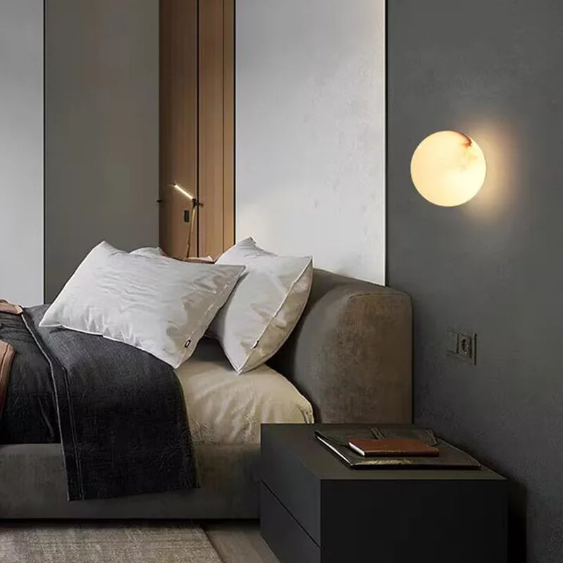 MarmoMoon Round Marble Wall Light – Natural Marble Bedside Lamp