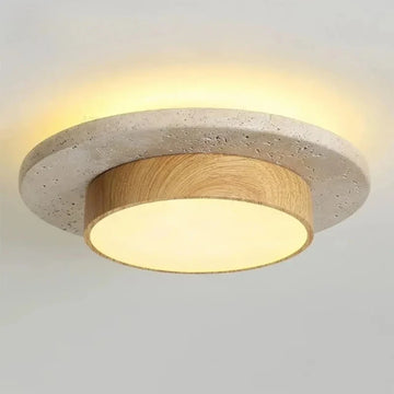LumaStone Wabi Sabi Ceiling Light – Round Stone and Wood LED Flush Mount