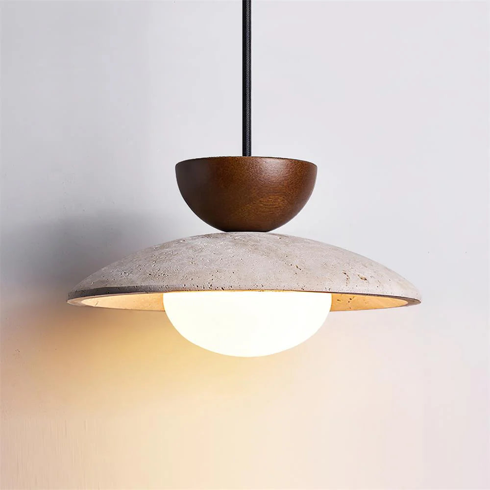 TerraDrop Travertine Pendant Light – Wood & Stone Kitchen Island Lamp